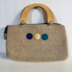 Handmade small 11”x 8”Bag Burlap wooden Handlers